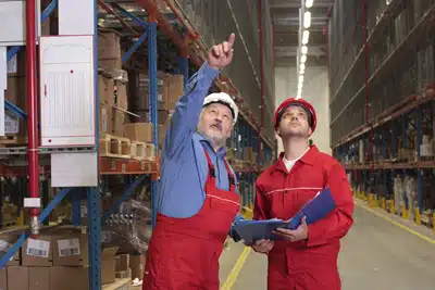 Two warehouse workers, one of which is a foreman, both wearing hi-vis jackets and hard hats are discussing safety requirements and pointing to the top of a storage rack system.