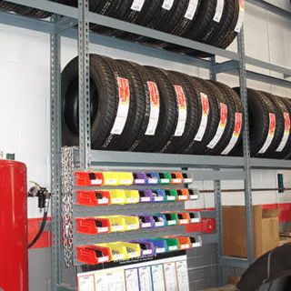 Muffler Racks with Color Coded Bin System for Small Parts Storage