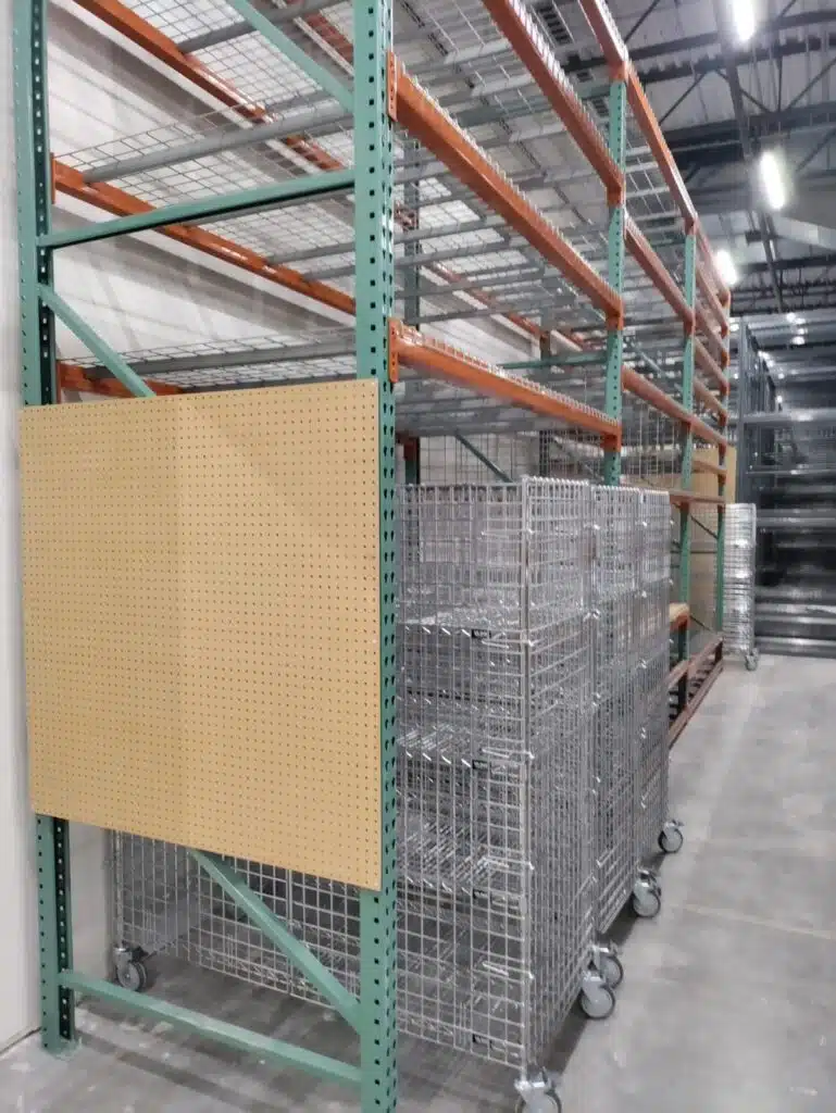 Selective racking with peg board and Retail Backroom Enclosed Wire Pick Carts