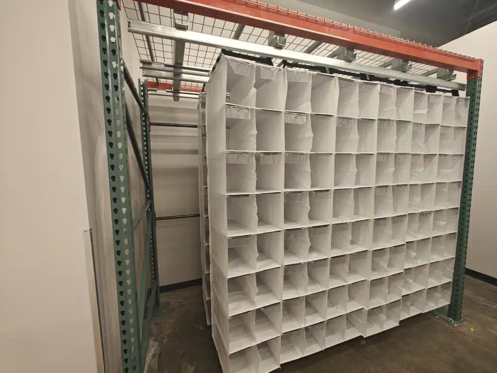 Bay of speedcell racking in a retail backroom