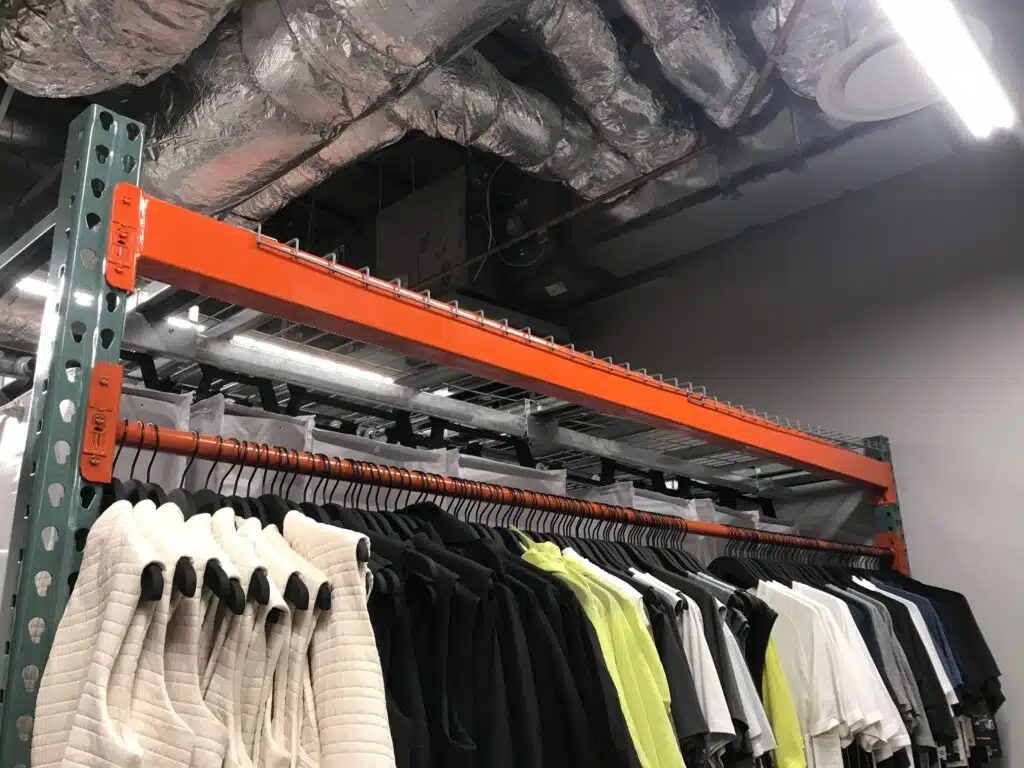 Back of a speedcell racking bay with a hanging garment storage