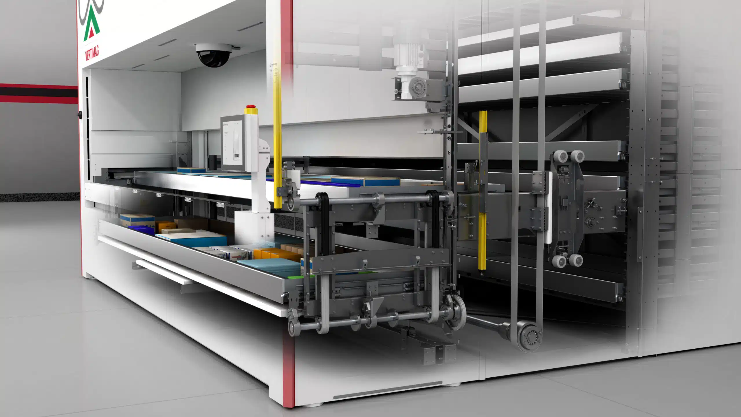 View inside the Ferretto Vertical Lift Module Ergo-Tech Bay