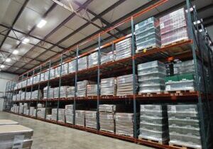 Push back racking in a food distribution warehouse