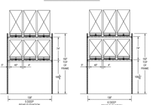 A rack storage system plan overview on a schematic drawing with measurements illustrating the storage units from one side.